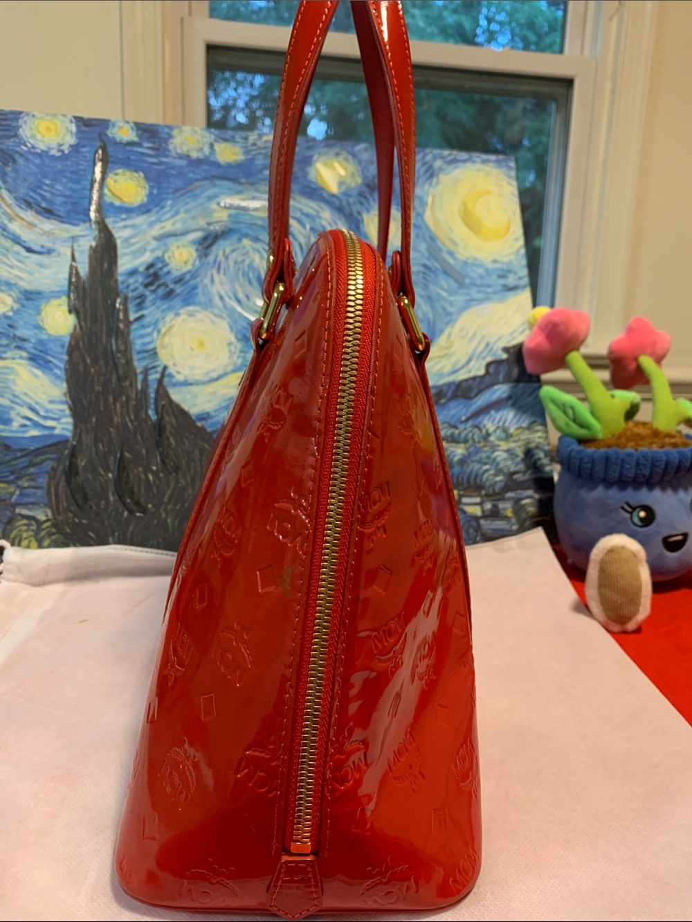 MCM Red Patent Leather Dome Tote with Gold Plaque Accent - Picture 4 of 12